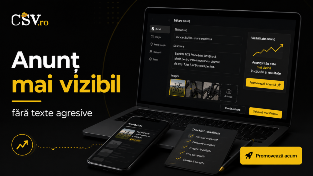 Un anunț online devine mai vizibil când are titlu clar, poze reale, preț vizibil, categorie corectă și descriere utilă.